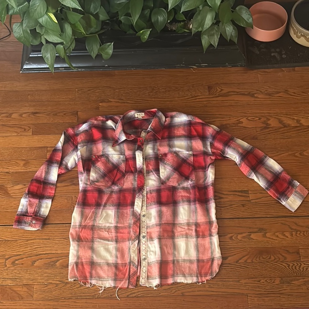 Plaid Shirt - Red/pink and White ombré button up
